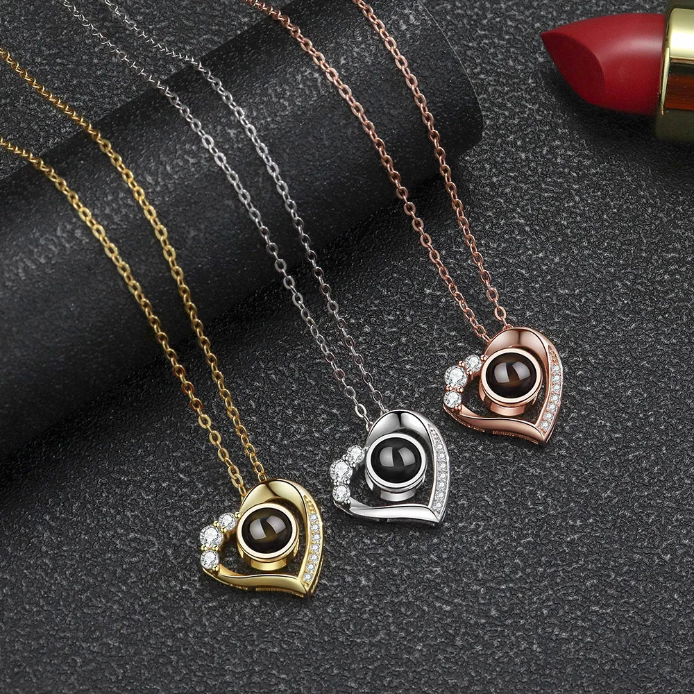 Dropshipping Gift Nano Projection Necklace 100 Languages I Love You Necklace Customized Picture Text Love Heart Collar Chain-3