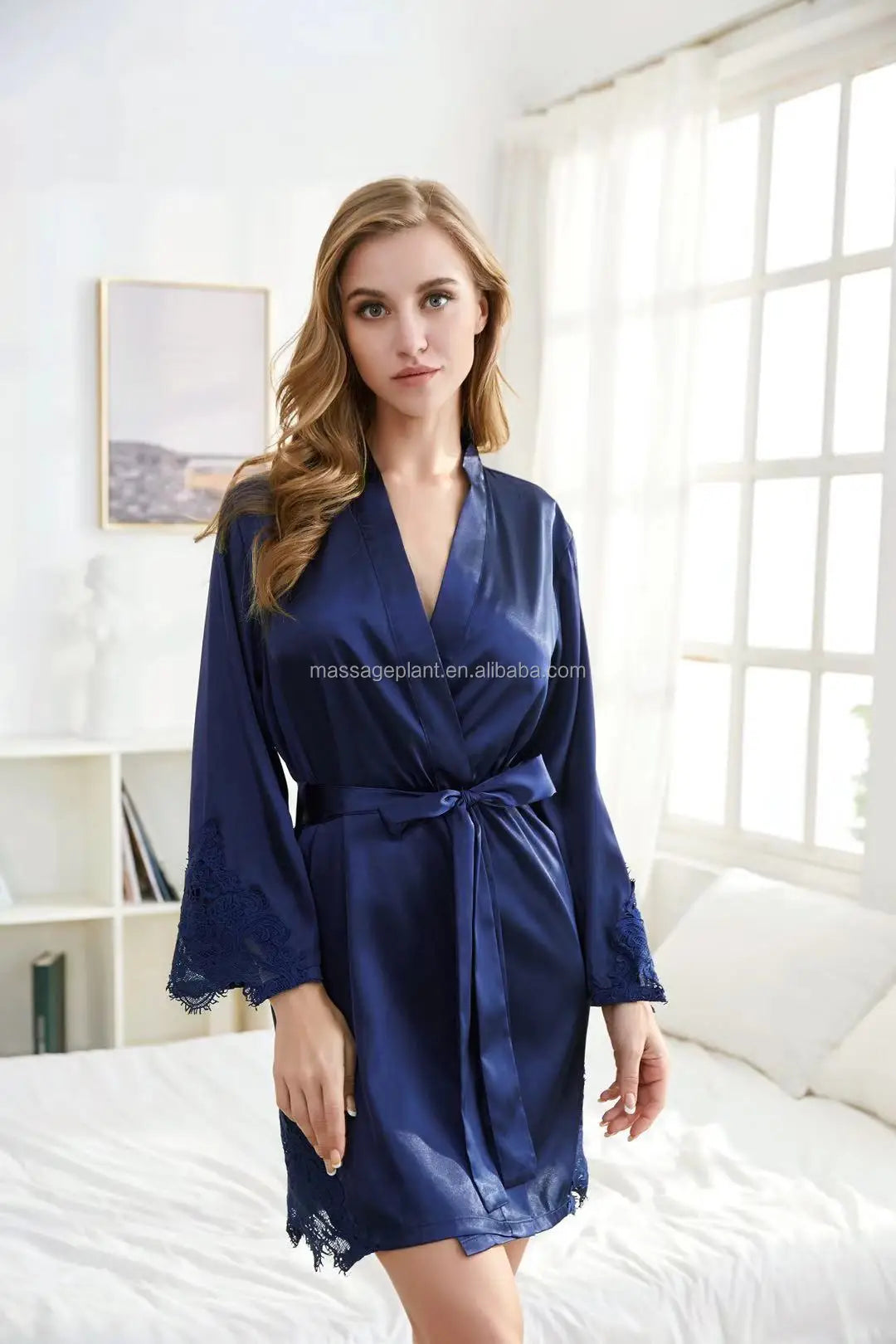 Solid 8209 Bride Wedding Robe Set Women Sleepwear Triangle Lace  Bridesmaid Satin Robe-9