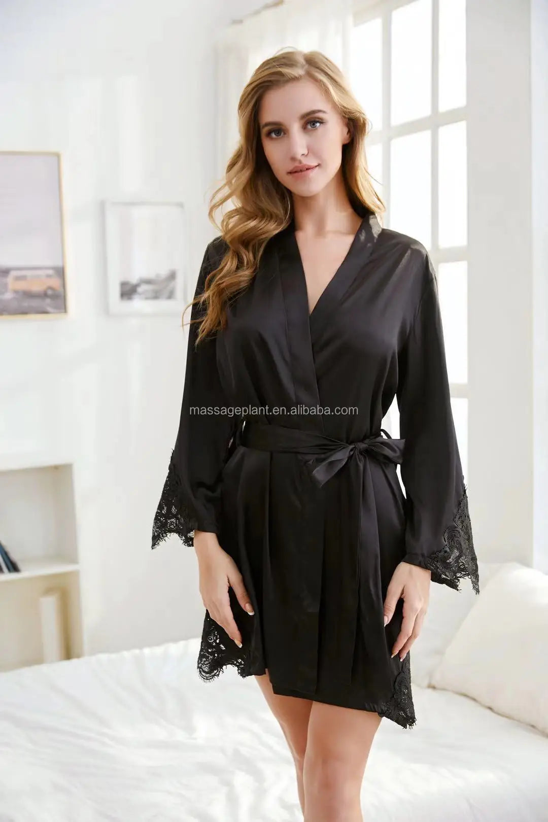 Solid 8209 Bride Wedding Robe Set Women Sleepwear Triangle Lace  Bridesmaid Satin Robe-11