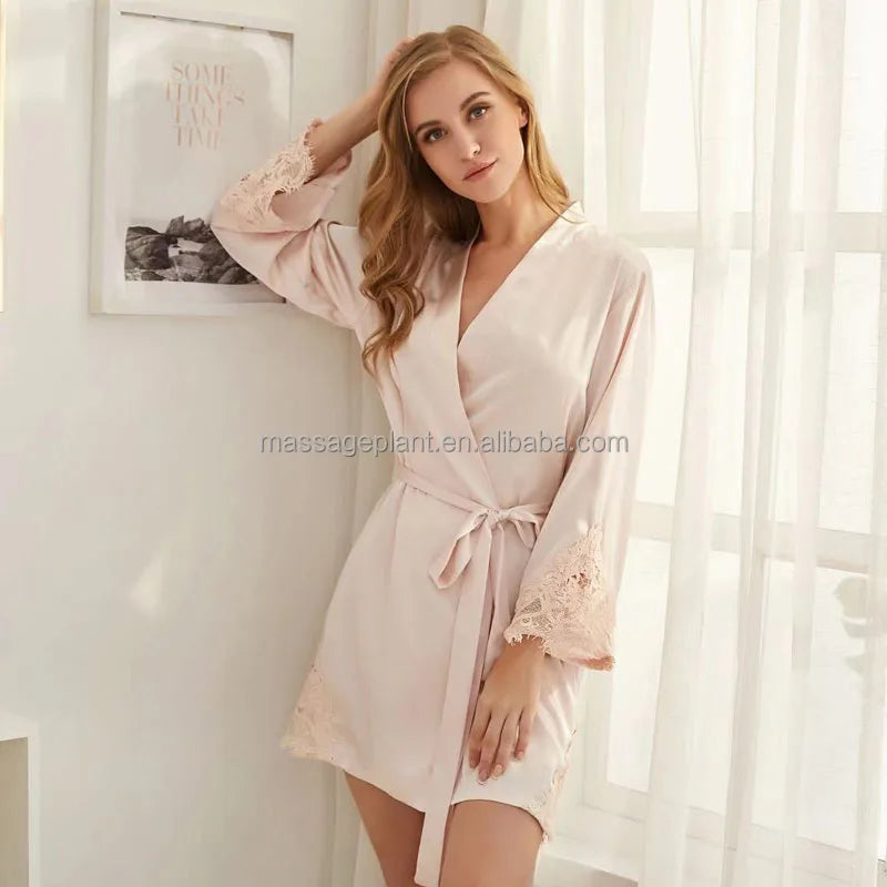 Solid 8209 Bride Wedding Robe Set Women Sleepwear Triangle Lace  Bridesmaid Satin Robe-3