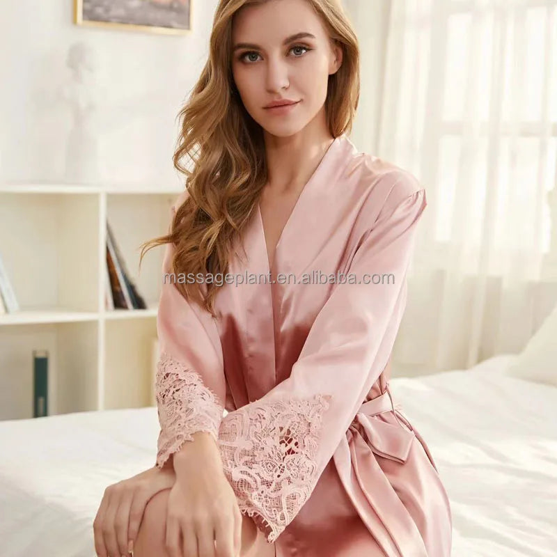 Solid 8209 Bride Wedding Robe Set Women Sleepwear Triangle Lace  Bridesmaid Satin Robe-4