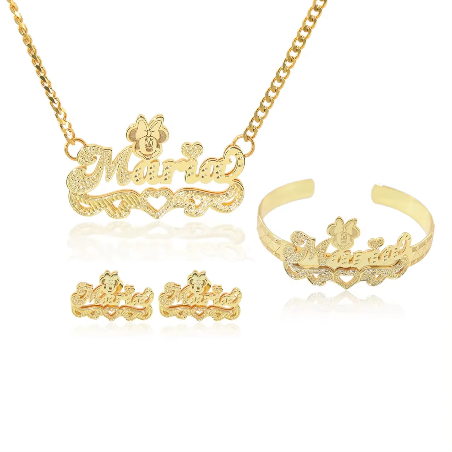 Personalized Engraved Lettering Bracelet Double Color Name Bracelets Necklace Earrings Jewelry Set-5