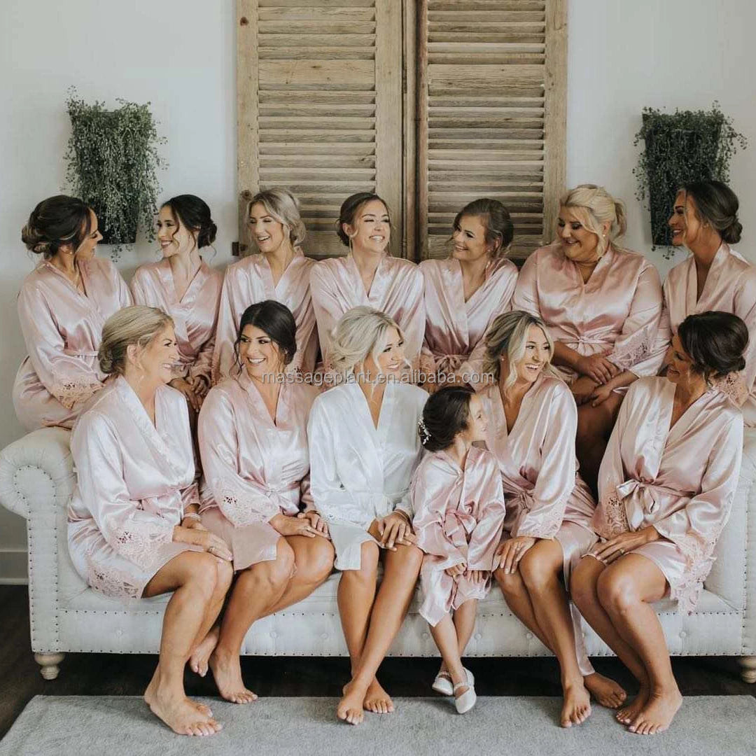 Solid 8209 Bride Wedding Robe Set Women Sleepwear Triangle Lace  Bridesmaid Satin Robe-0
